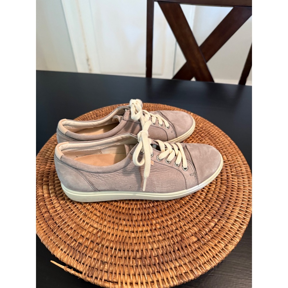 ECCO Soft Womens Leather Lace Up Sneakers gray Taupe Low Top Shoes